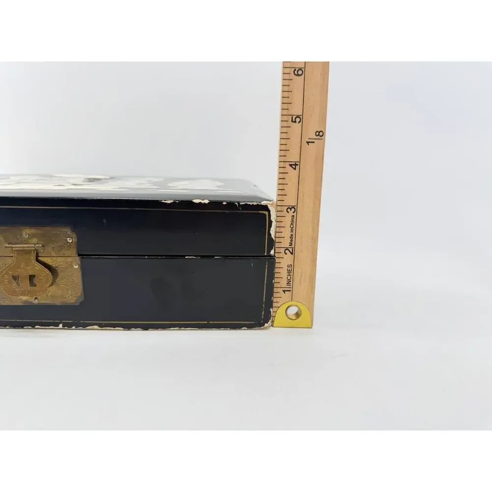 Asian Black Lacquer Jewelry Box Mother of Pearl Inlay Red Velvet 2.35 lb
